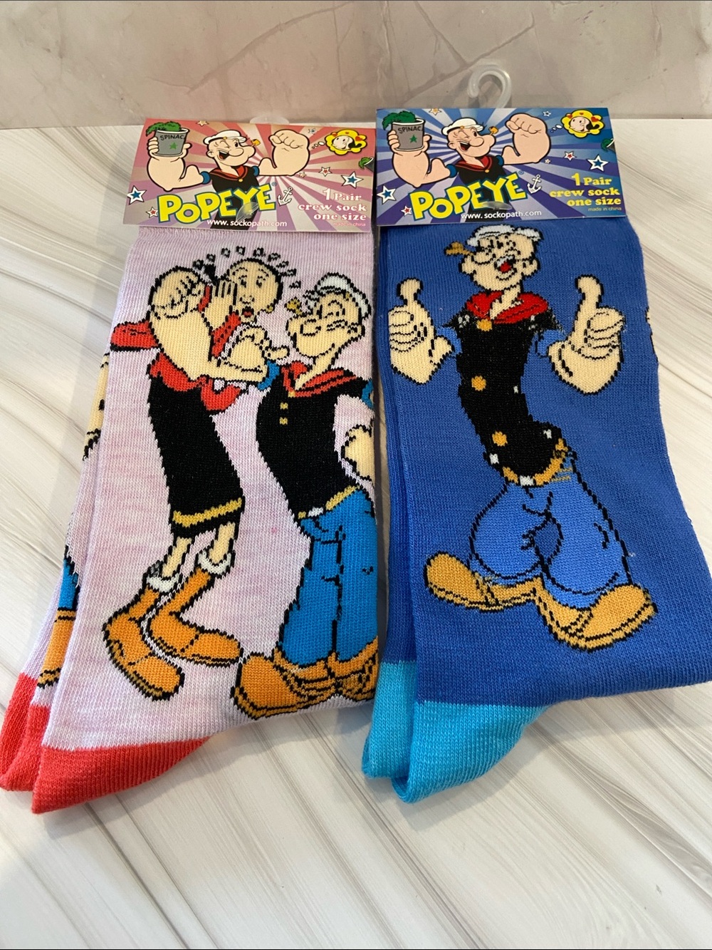 Set of 2 Popeye Crew Socks Pack - Blue & Pink Cartoon Design
